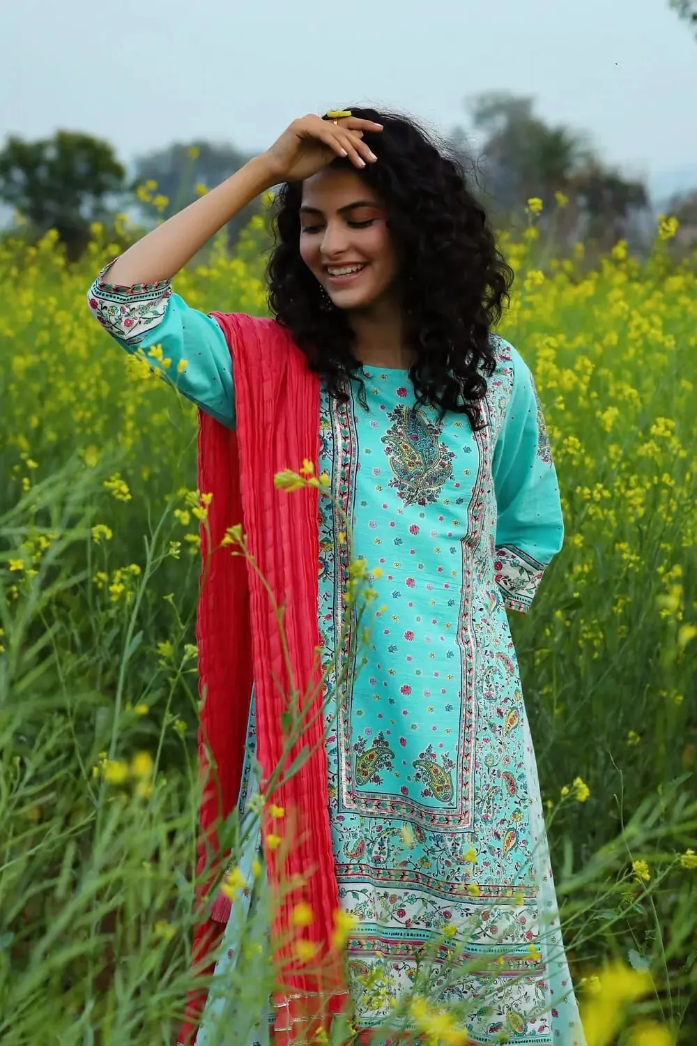 Aqua Cambric Printed Straight Kurta Palazzo Dupatta Set
