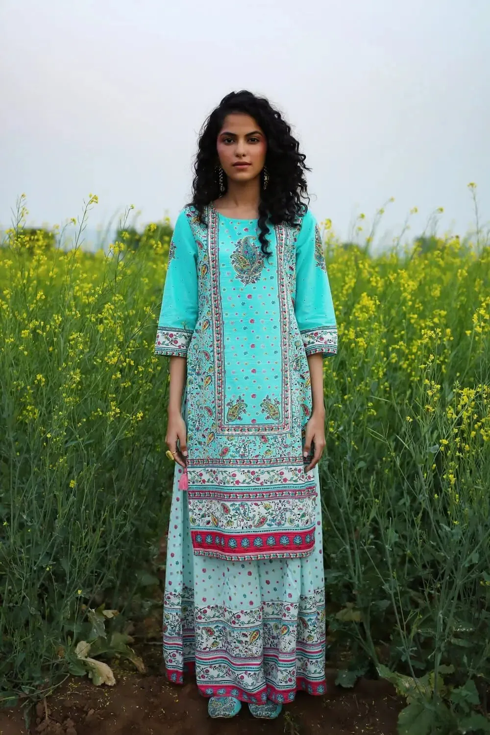 Aqua Cambric Printed Straight Kurta Palazzo Dupatta Set