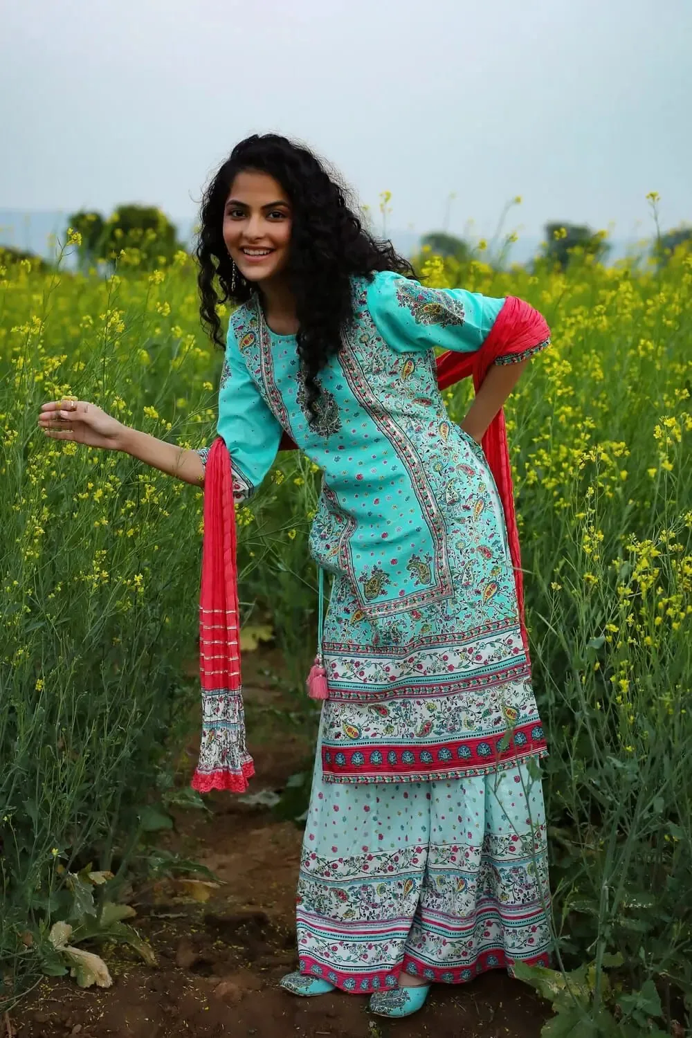Aqua Cambric Printed Straight Kurta Palazzo Dupatta Set