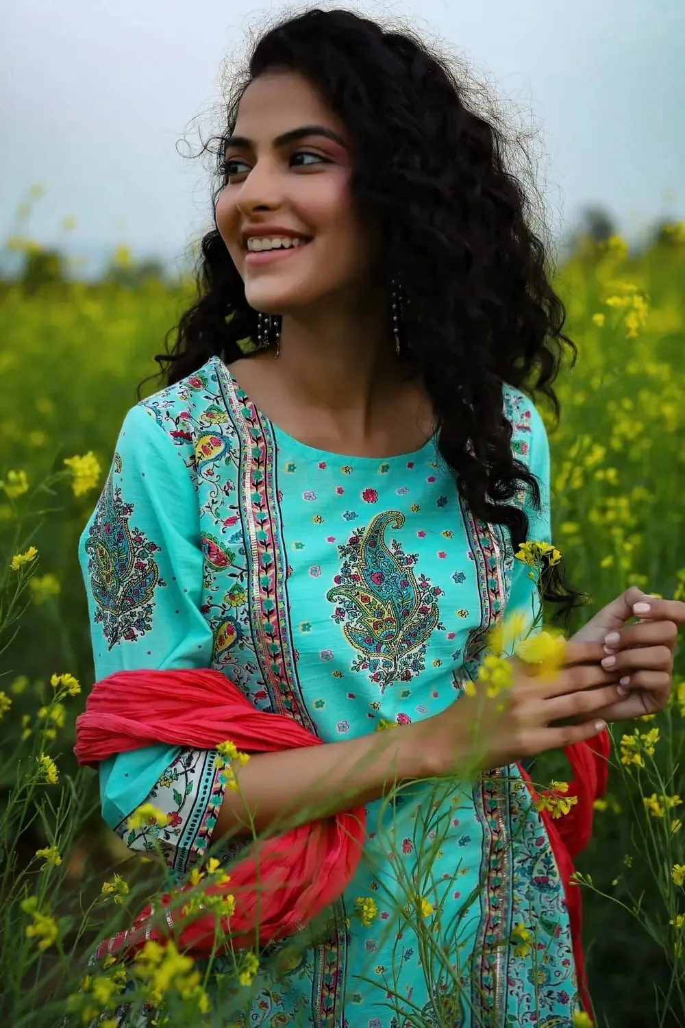 Aqua Cambric Printed Straight Kurta Palazzo Dupatta Set