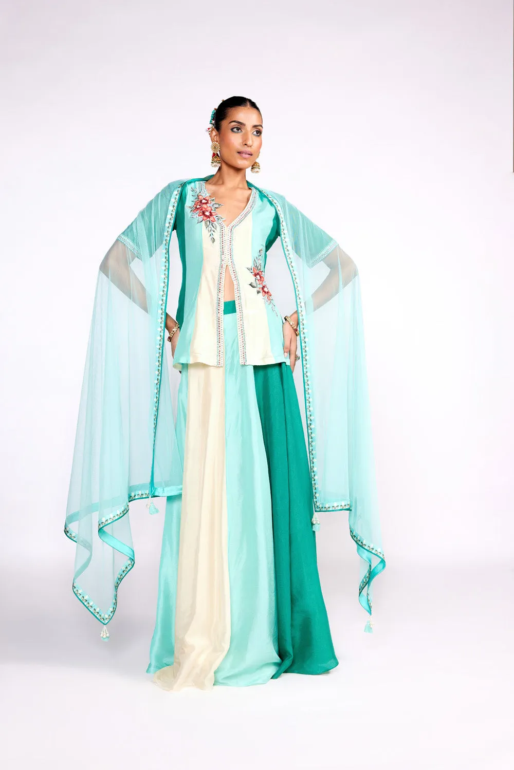 Aqua Green Color Block Peplum Skirt Set