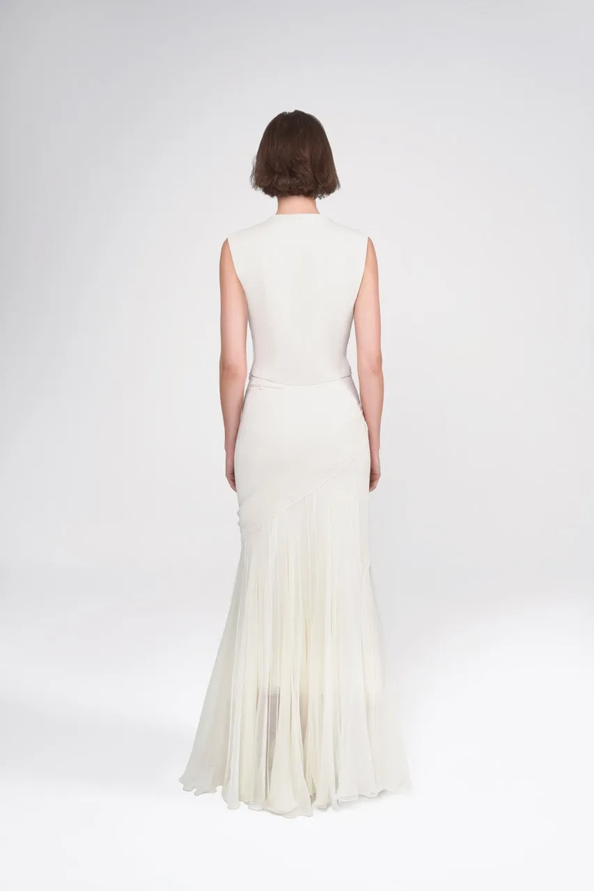 Asymmetrical Lace-Panelling Maxi Skirt in Viscose and Silk Chiffon