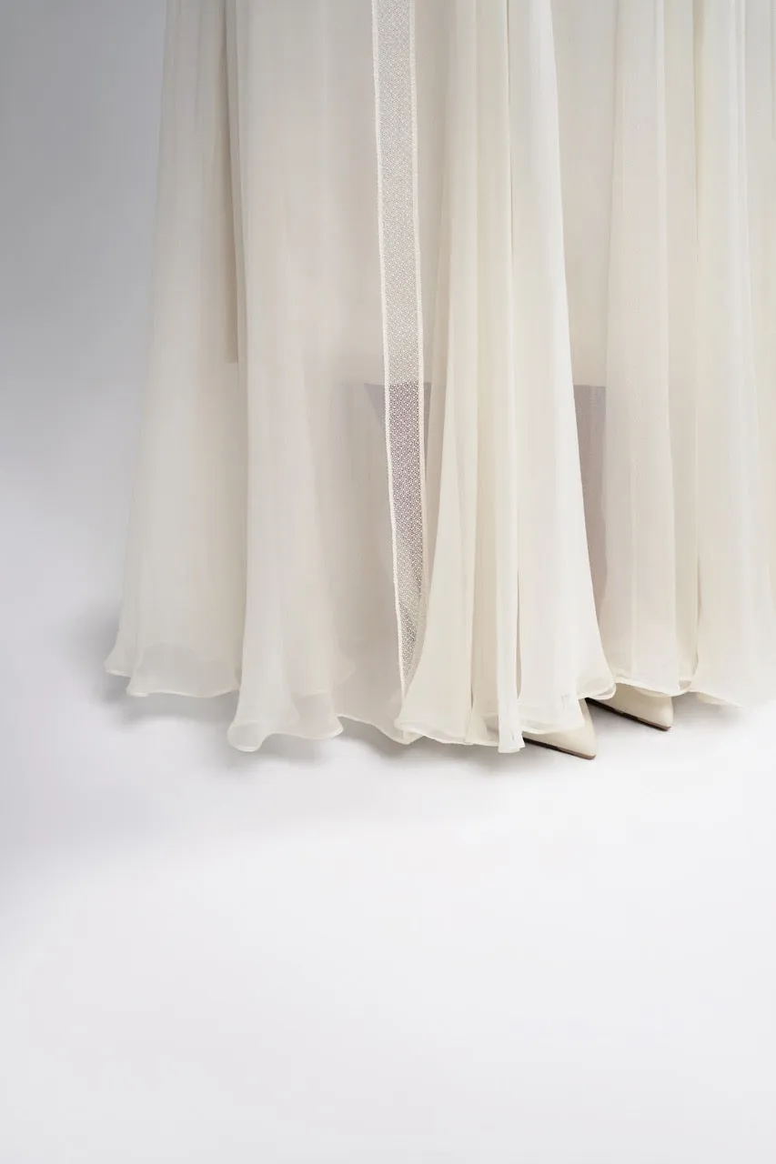 Asymmetrical Lace-Panelling Maxi Skirt in Viscose and Silk Chiffon