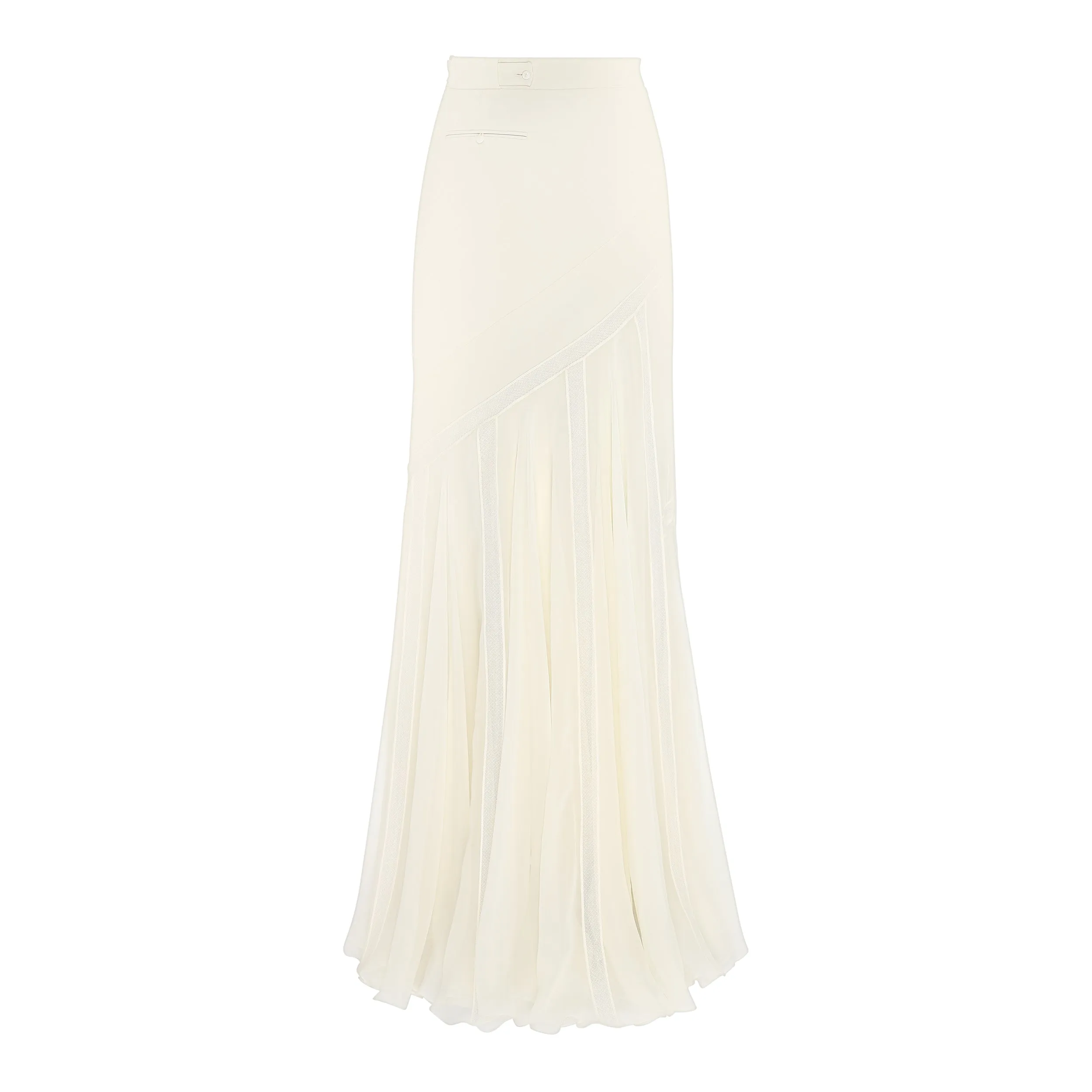 Asymmetrical Lace-Panelling Maxi Skirt in Viscose and Silk Chiffon