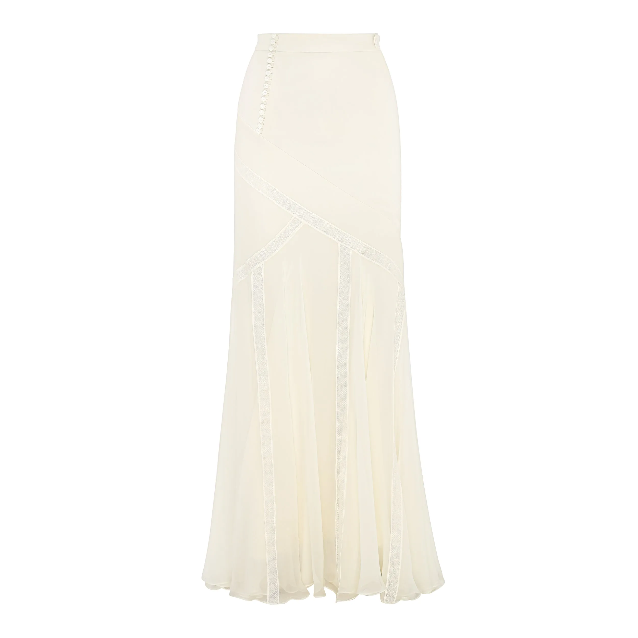 Asymmetrical Lace-Panelling Maxi Skirt in Viscose and Silk Chiffon