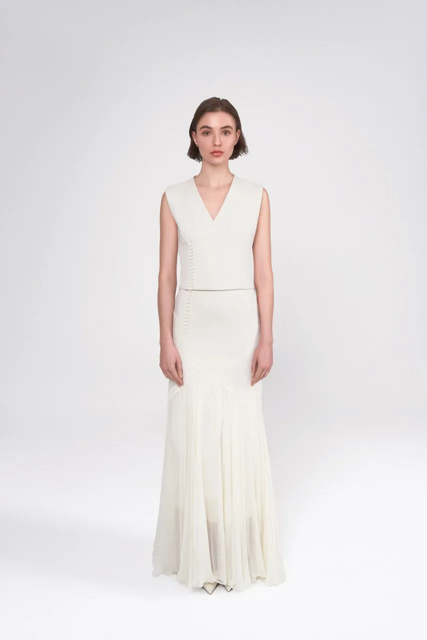 Asymmetrical Lace-Panelling Maxi Skirt in Viscose and Silk Chiffon