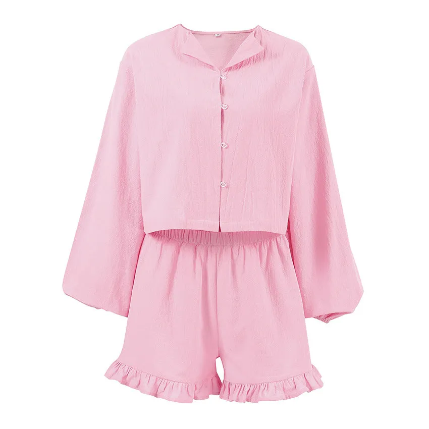 Autumn Pink Cotton Long Sleeve Shorts Ruffled Pajamas Sets