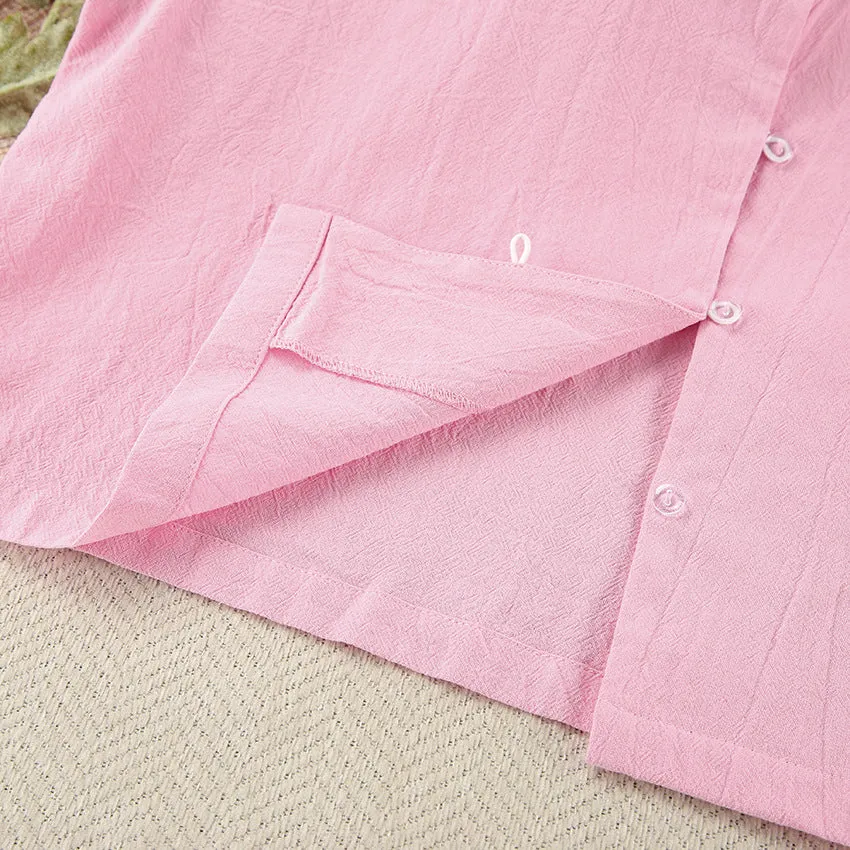 Autumn Pink Cotton Long Sleeve Shorts Ruffled Pajamas Sets