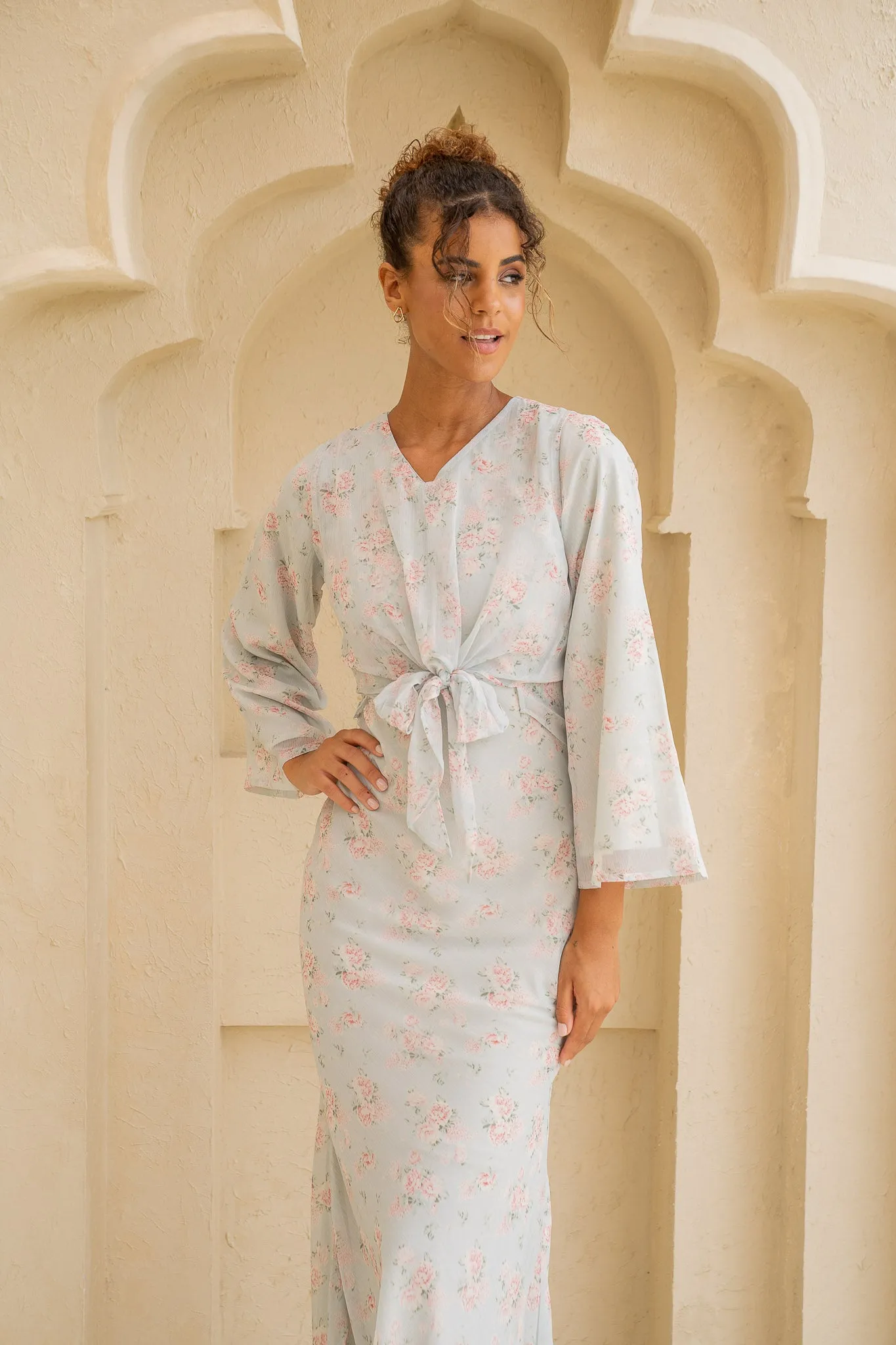 Baby Blue Floral Belted Maxi Dress