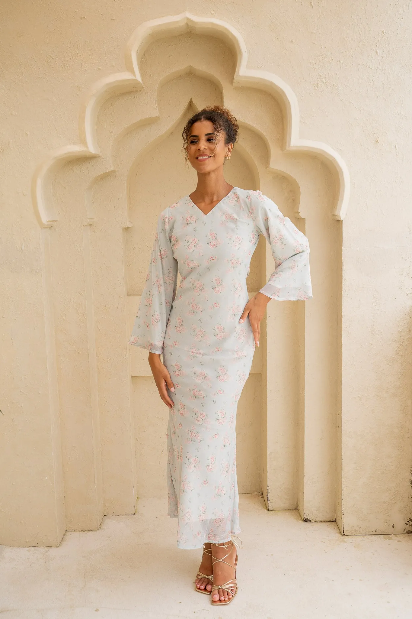 Baby Blue Floral Belted Maxi Dress
