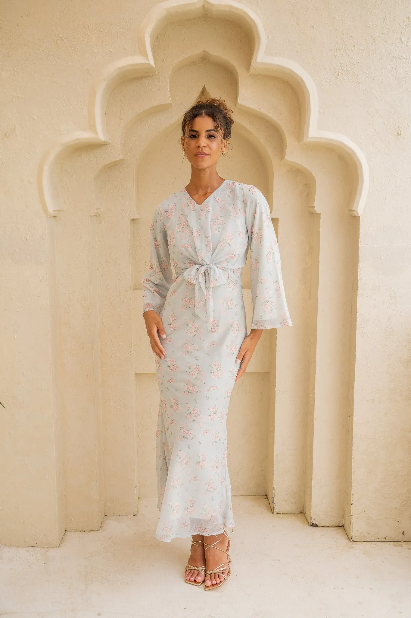 Baby Blue Floral Belted Maxi Dress