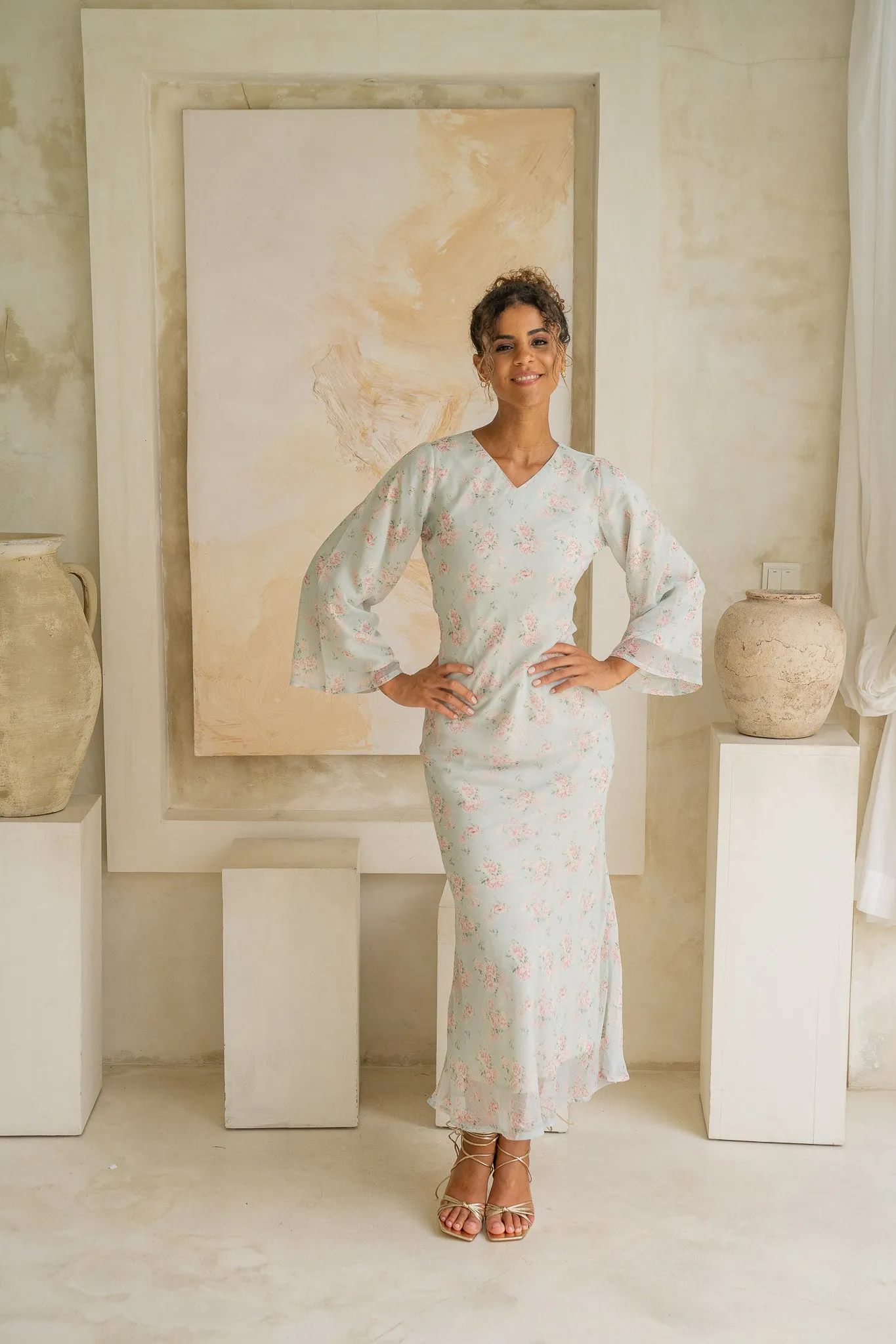 Baby Blue Floral Belted Maxi Dress