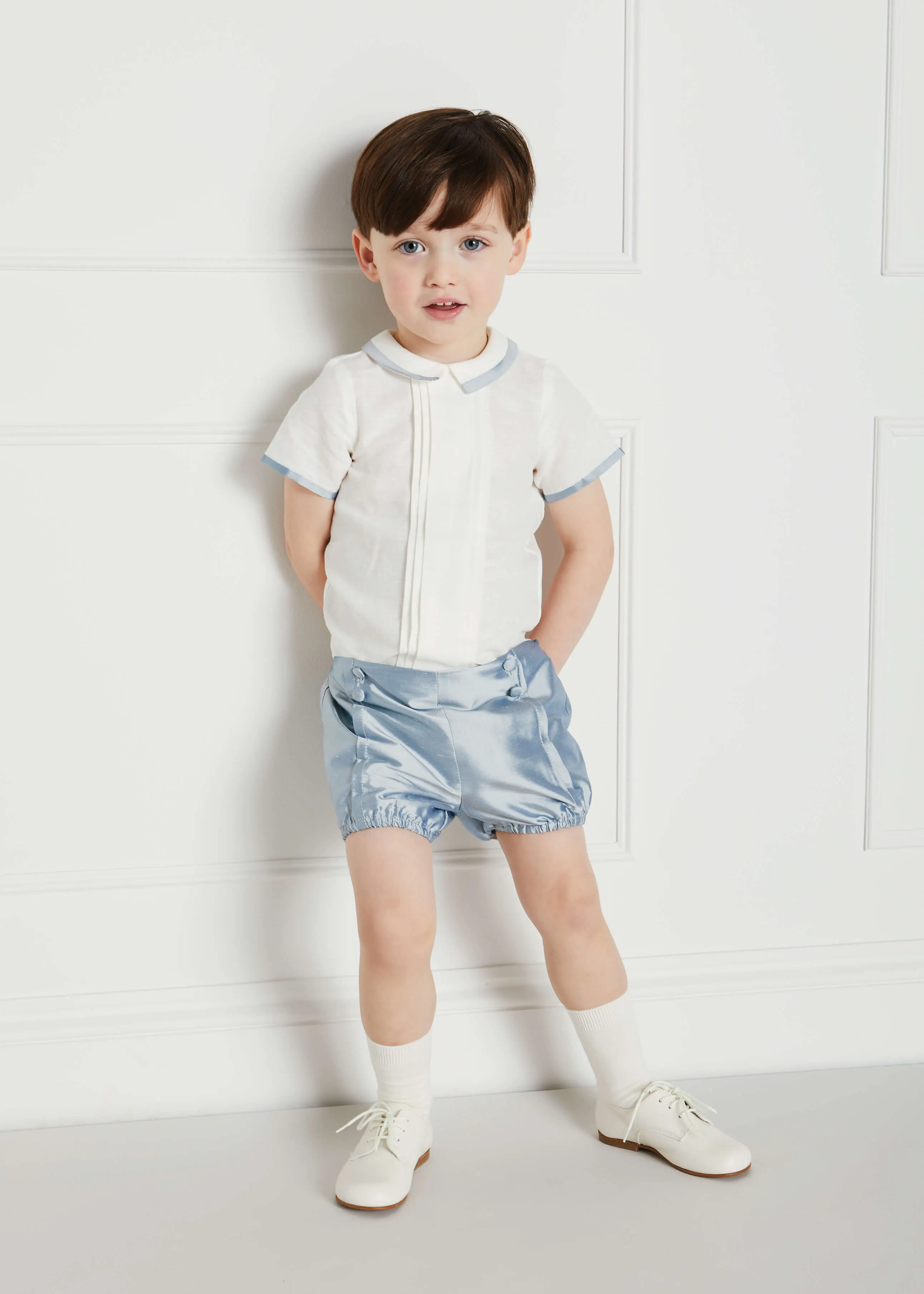 Baby Boy Celebration Blue Silk Bloomers and Linen Shirt Set (12mths-4yrs)
