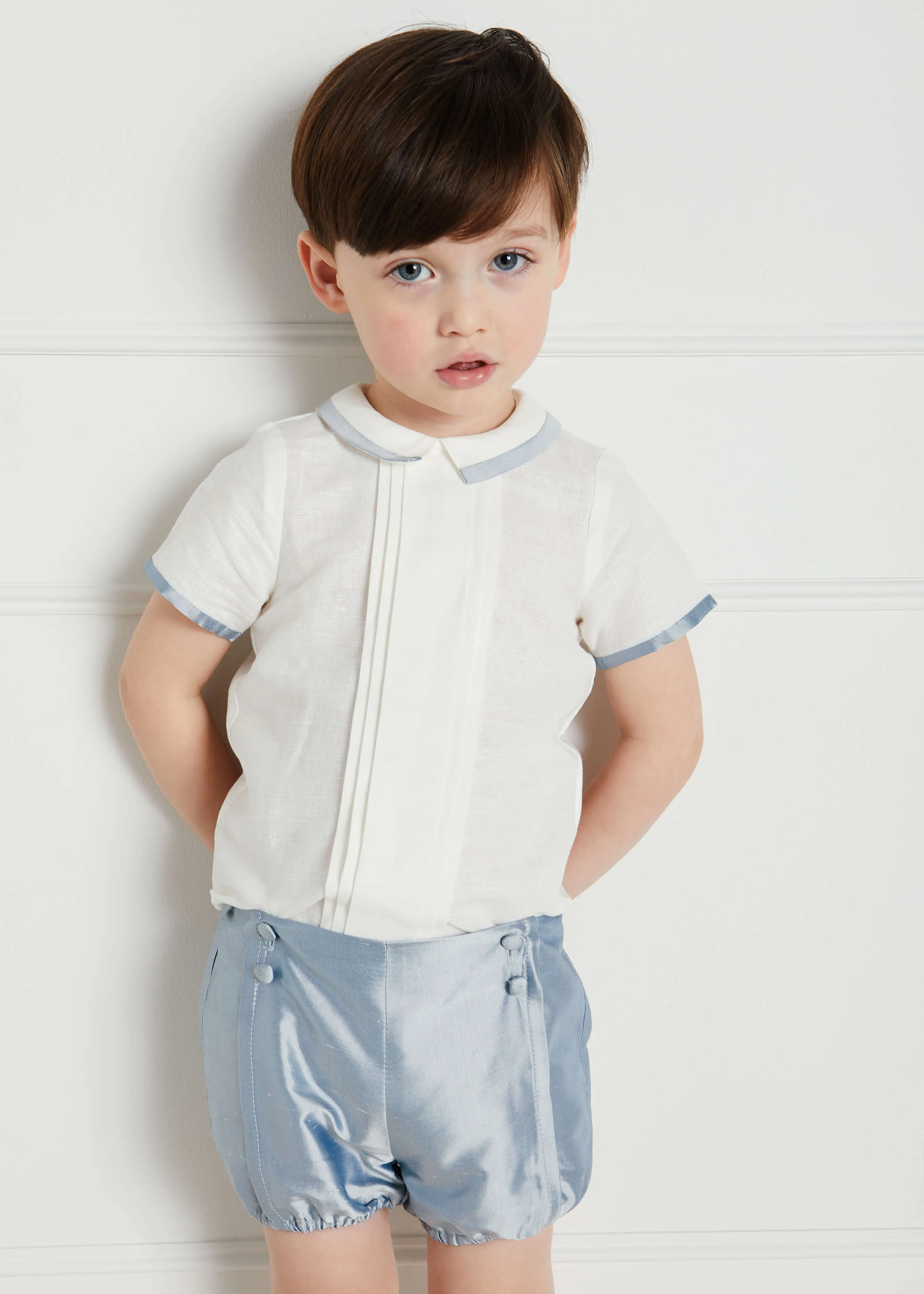 Baby Boy Celebration Blue Silk Bloomers and Linen Shirt Set (12mths-4yrs)