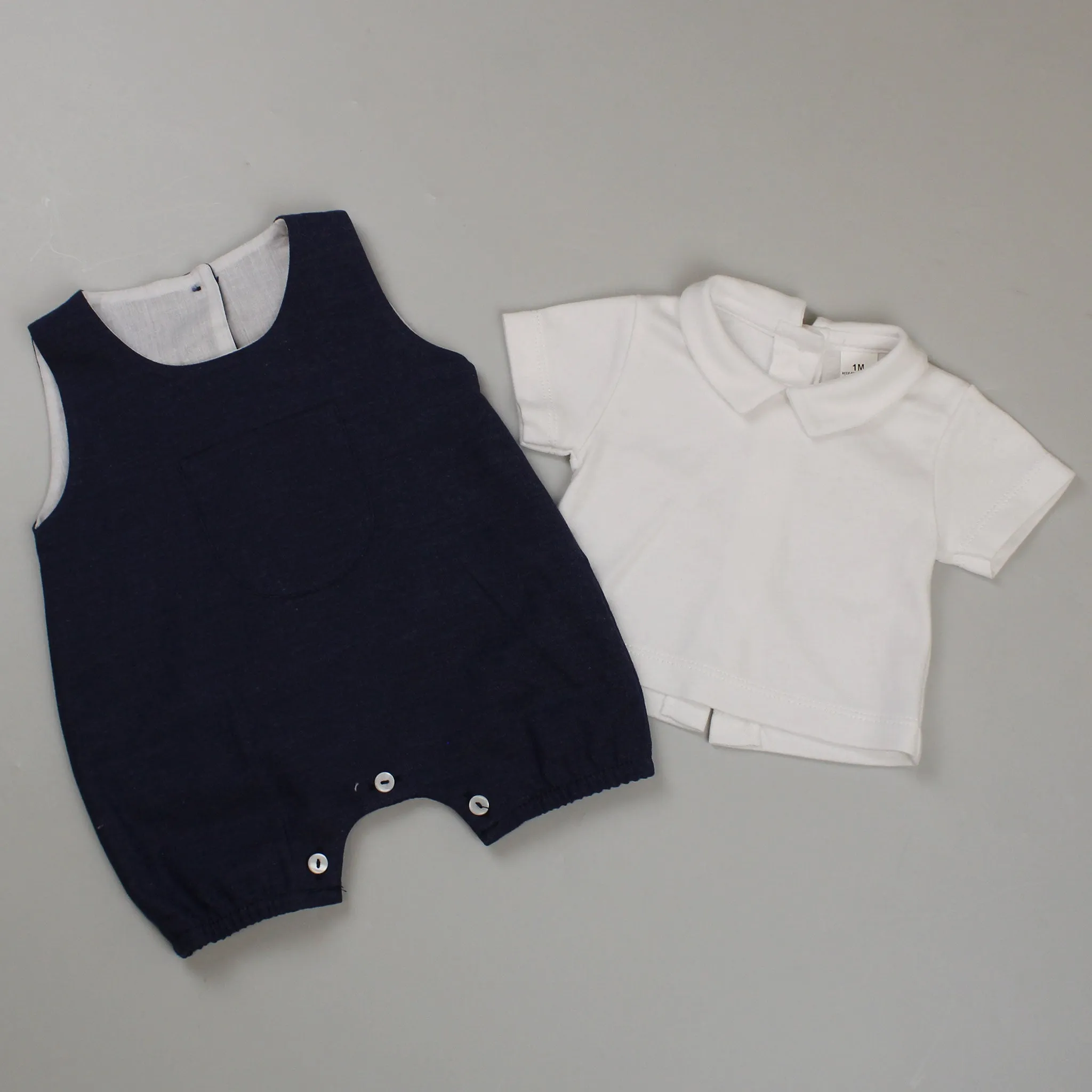 Baby Boys 2 Piece Outfit - Romper and White Shirt - Navy