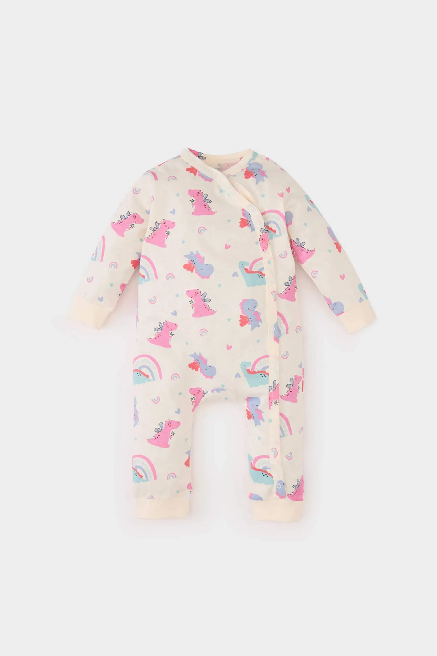 Baby Girl Newborn Dinosaur Printed Comb Long Sleeve Snap Jumpsuit