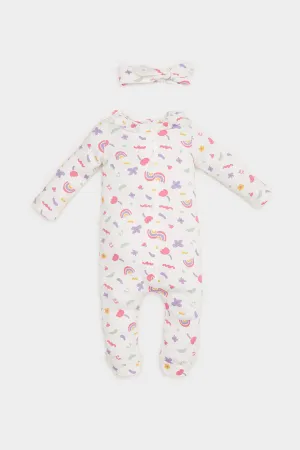 Baby Girl Newborn Rainbow Print Jumpsuit Hair Band 2 Piece Set