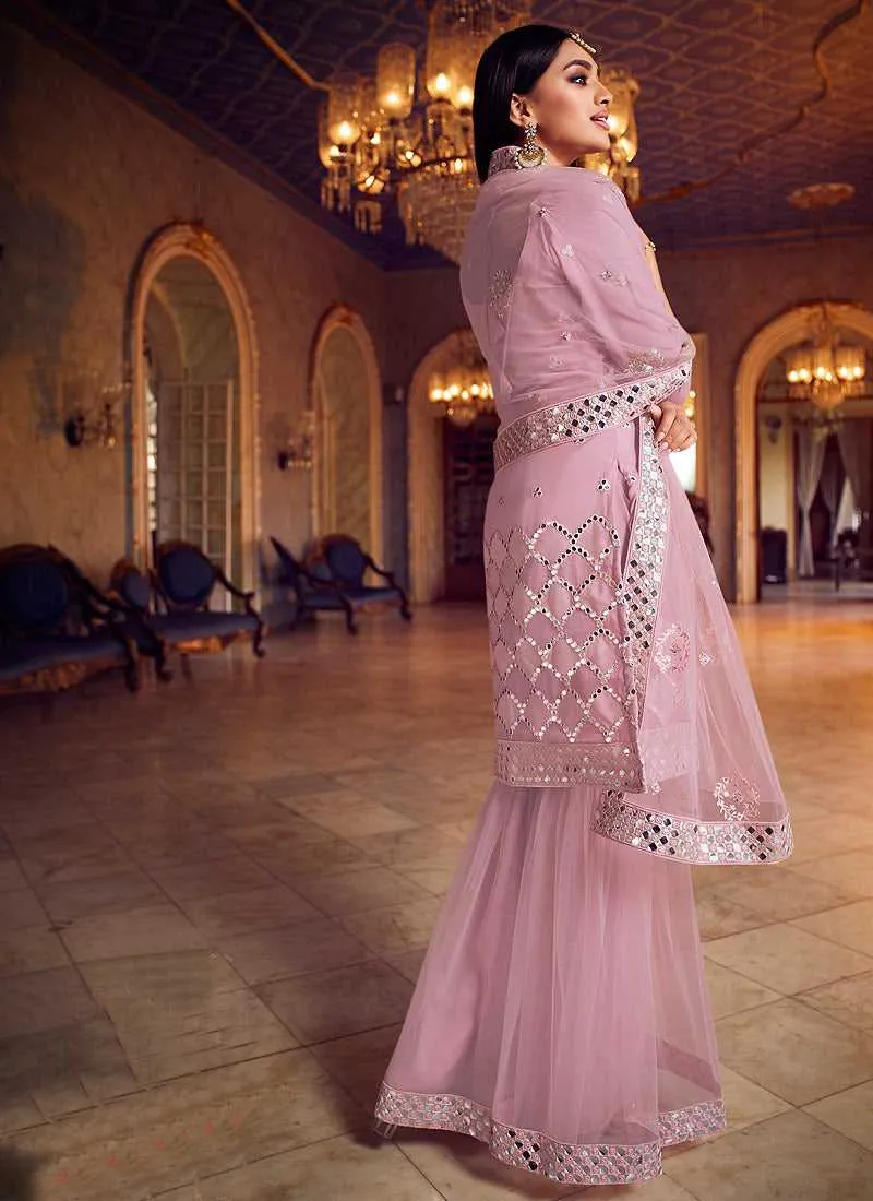 Baby Pink Mirror Embroidered Gharara Style Suit