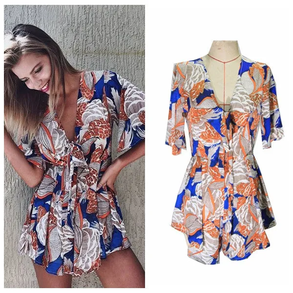 Beach Wear Women Jumpsuit Deep V neck Print Overalls Playsuit Rompers Women Jumpsuit Shorts