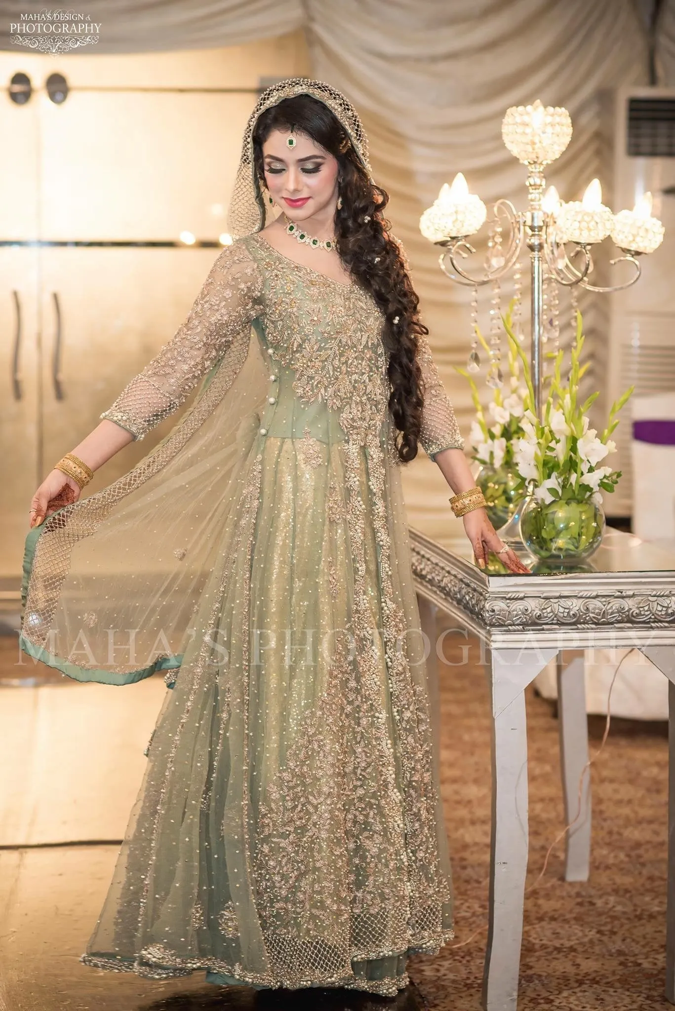 Beautiful bridal maxi in mint green color with dull gold and silver color Model#W 1193