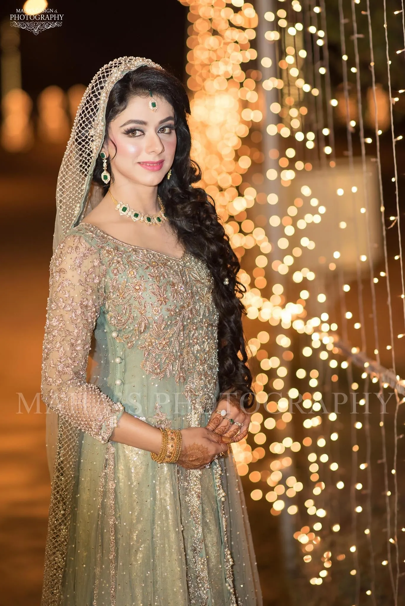 Beautiful bridal maxi in mint green color with dull gold and silver color Model#W 1193