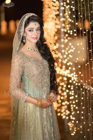 Beautiful bridal maxi in mint green color with dull gold and silver color Model#W 1193