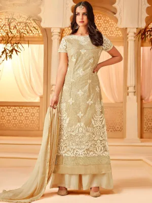 Beige And Gold Designer Embroidered Palazzo Suit