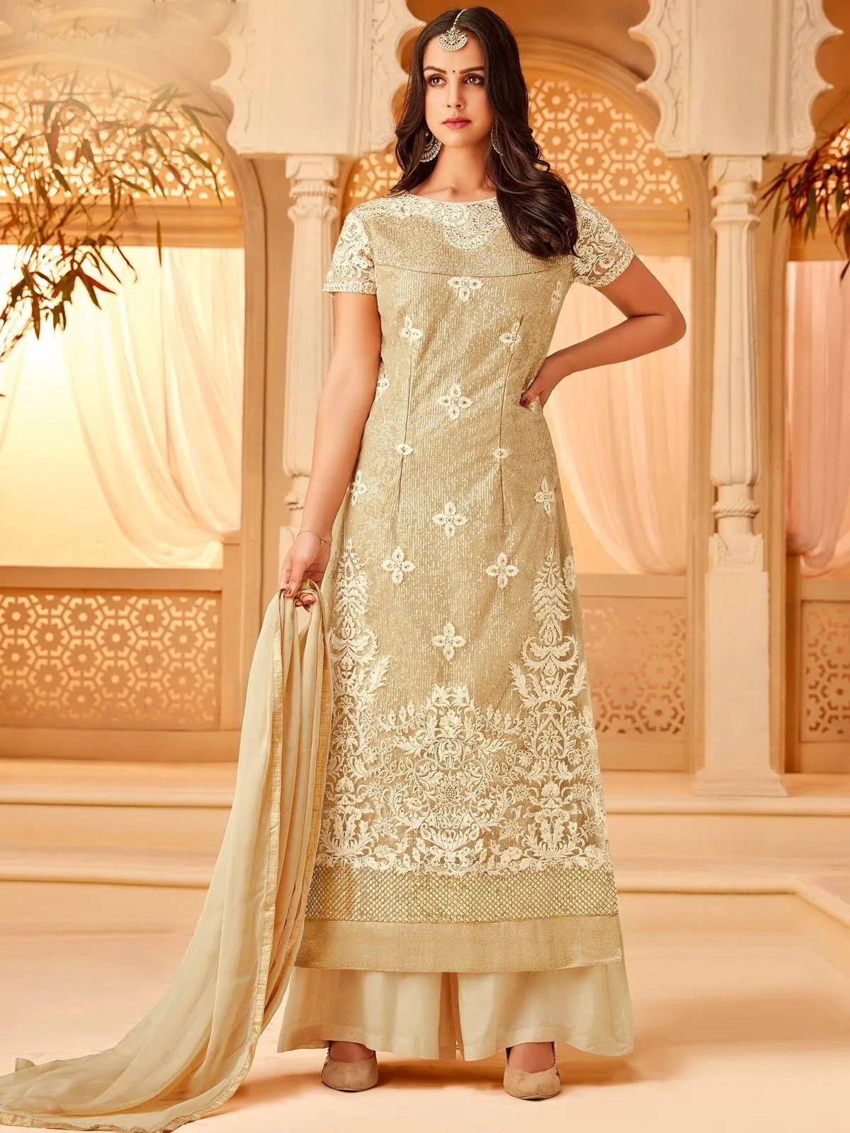 Beige And Gold Designer Embroidered Palazzo Suit