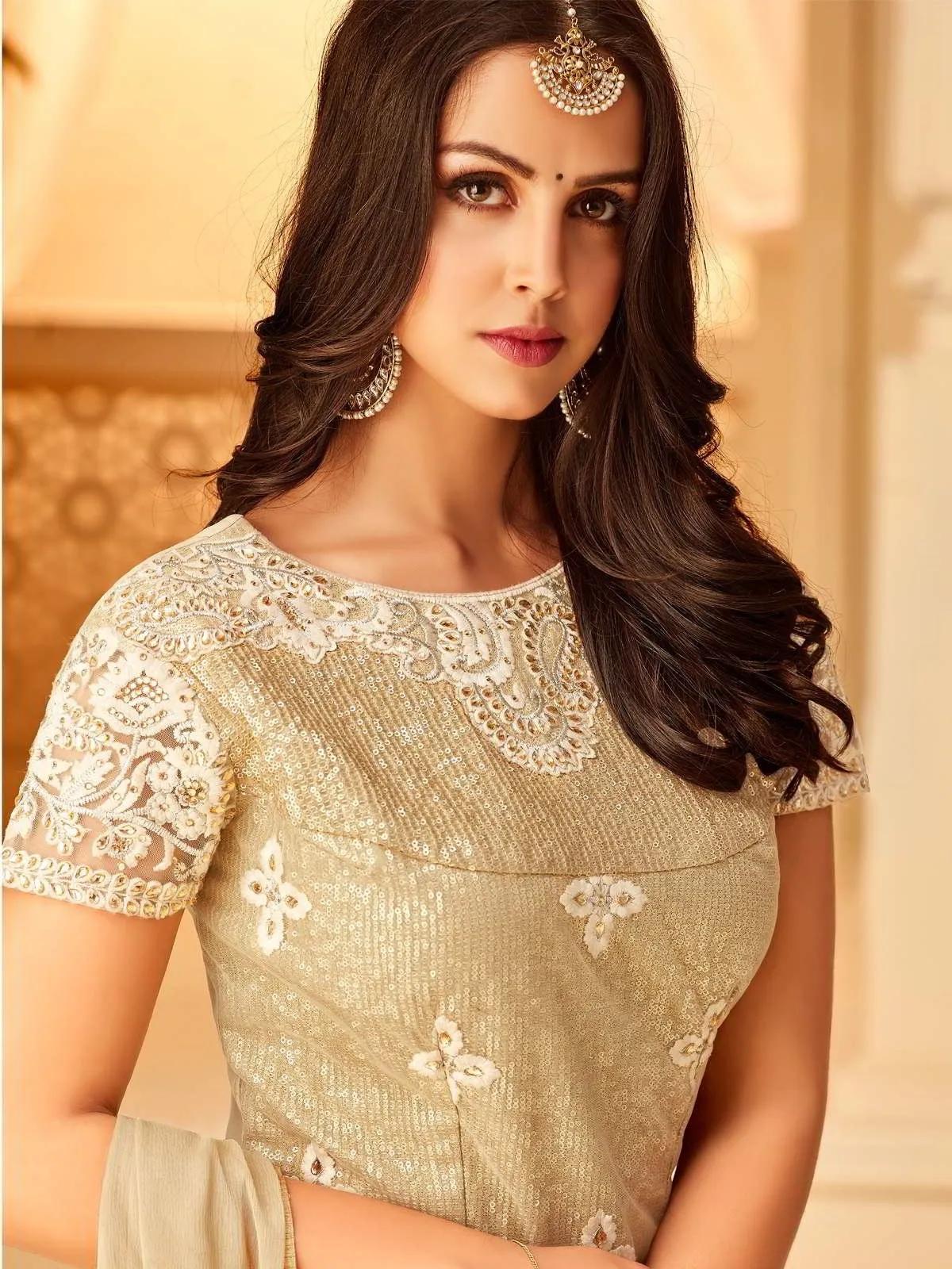Beige And Gold Designer Embroidered Palazzo Suit