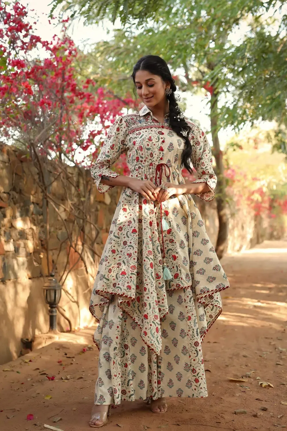 Beige Cambric Printed Asymmetric Tunic Palazzo Set