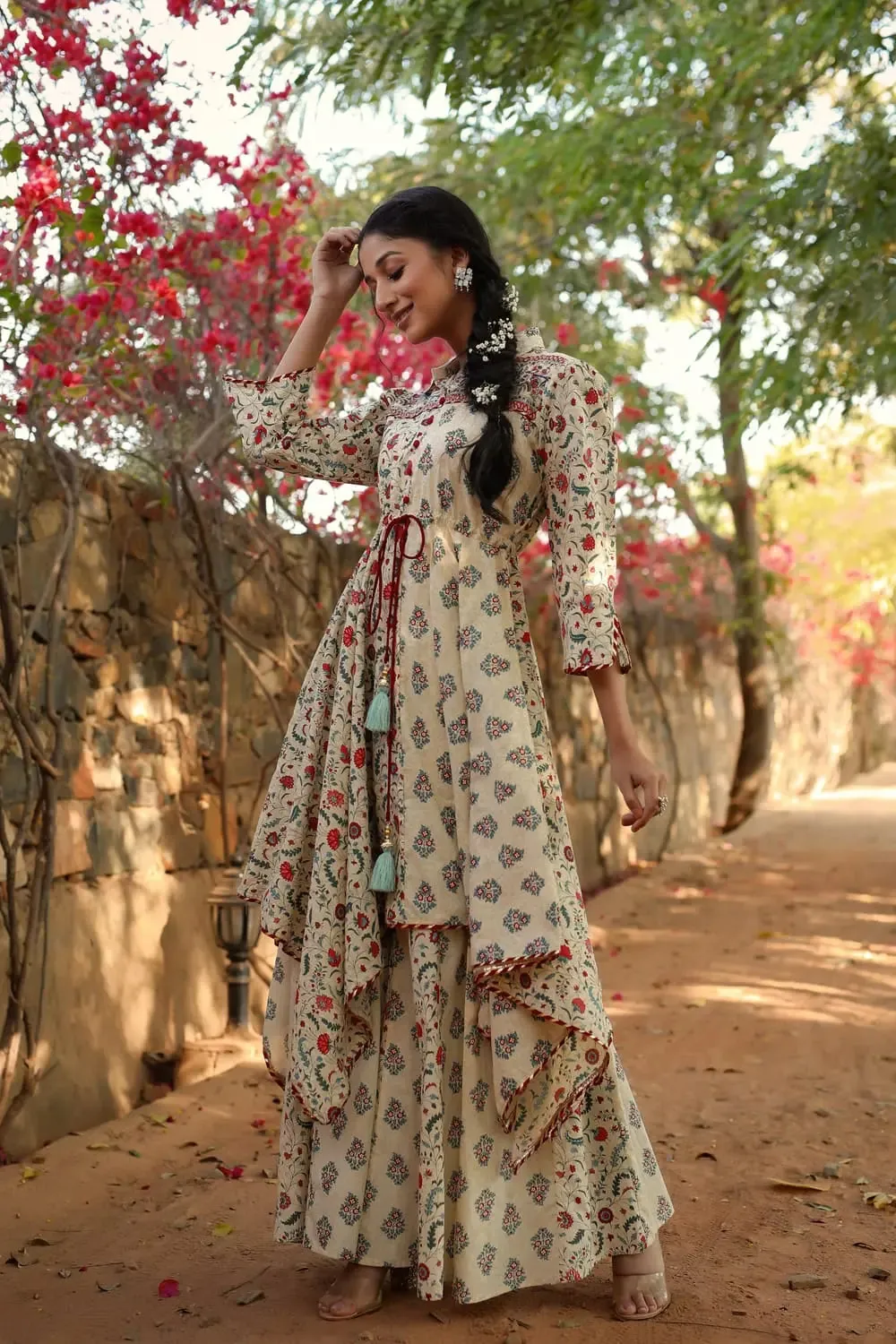 Beige Cambric Printed Asymmetric Tunic Palazzo Set