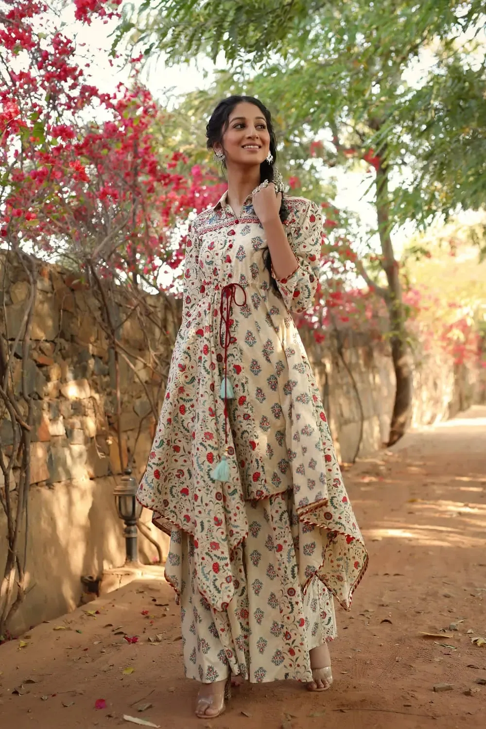 Beige Cambric Printed Asymmetric Tunic Palazzo Set