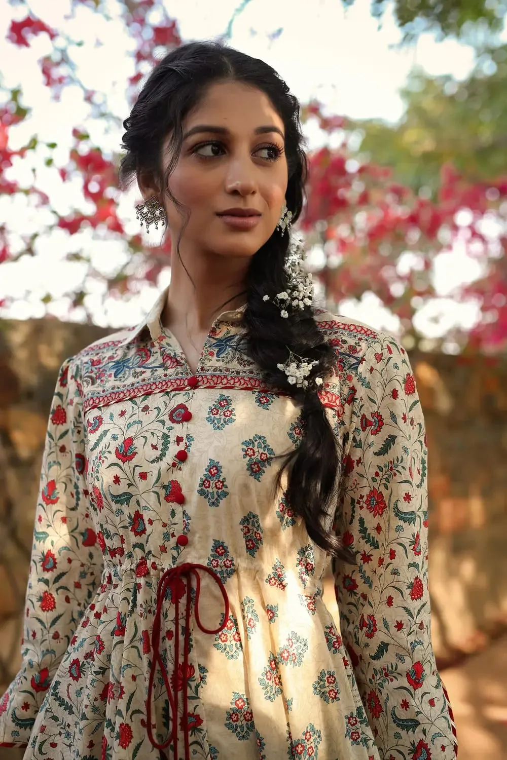Beige Cambric Printed Asymmetric Tunic Palazzo Set