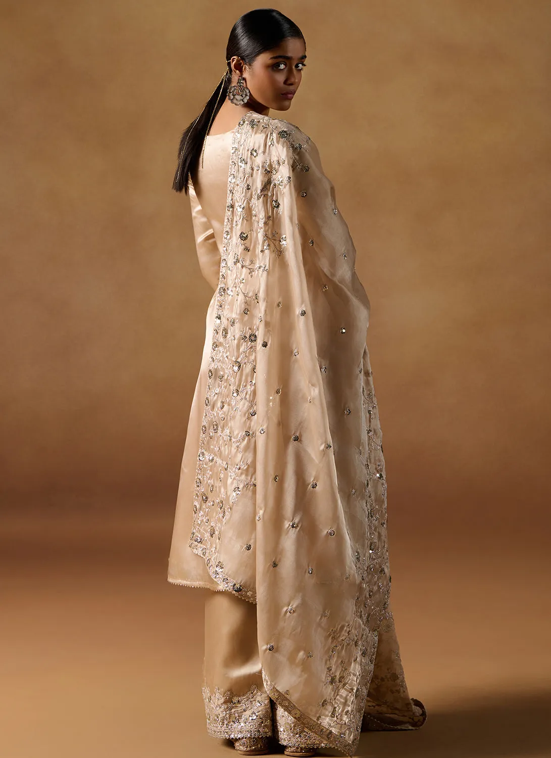 Beige Embroidered Tissue Palazzo Suit
