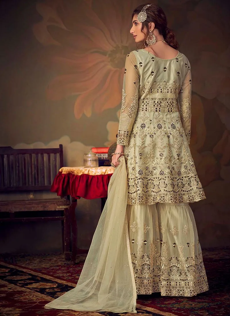 Beige Golden Embroidered Anarkali Gharara Suit
