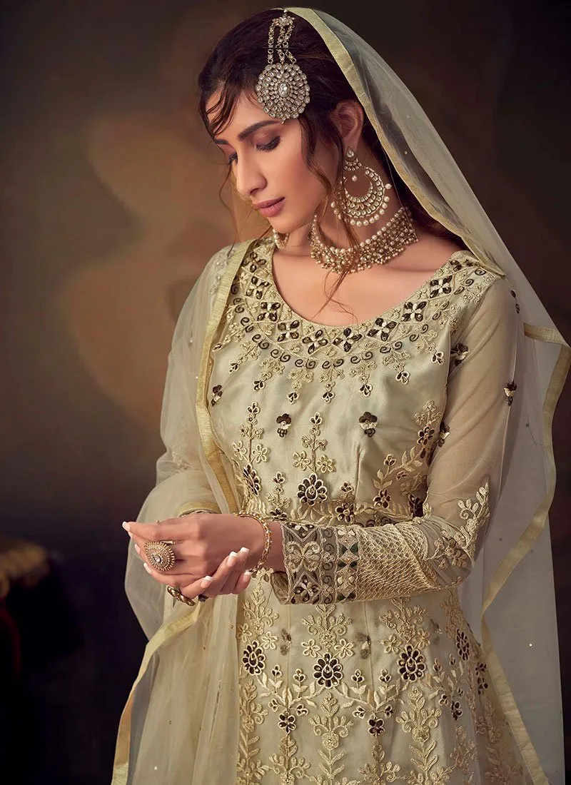 Beige Golden Embroidered Anarkali Gharara Suit