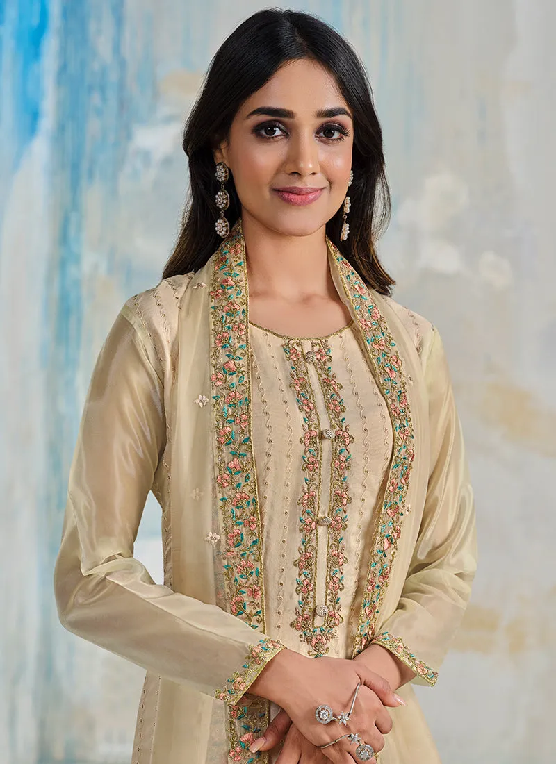Beige Multi Embroidered Wedding Palazzo Suit