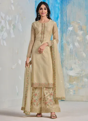 Beige Multi Embroidered Wedding Palazzo Suit