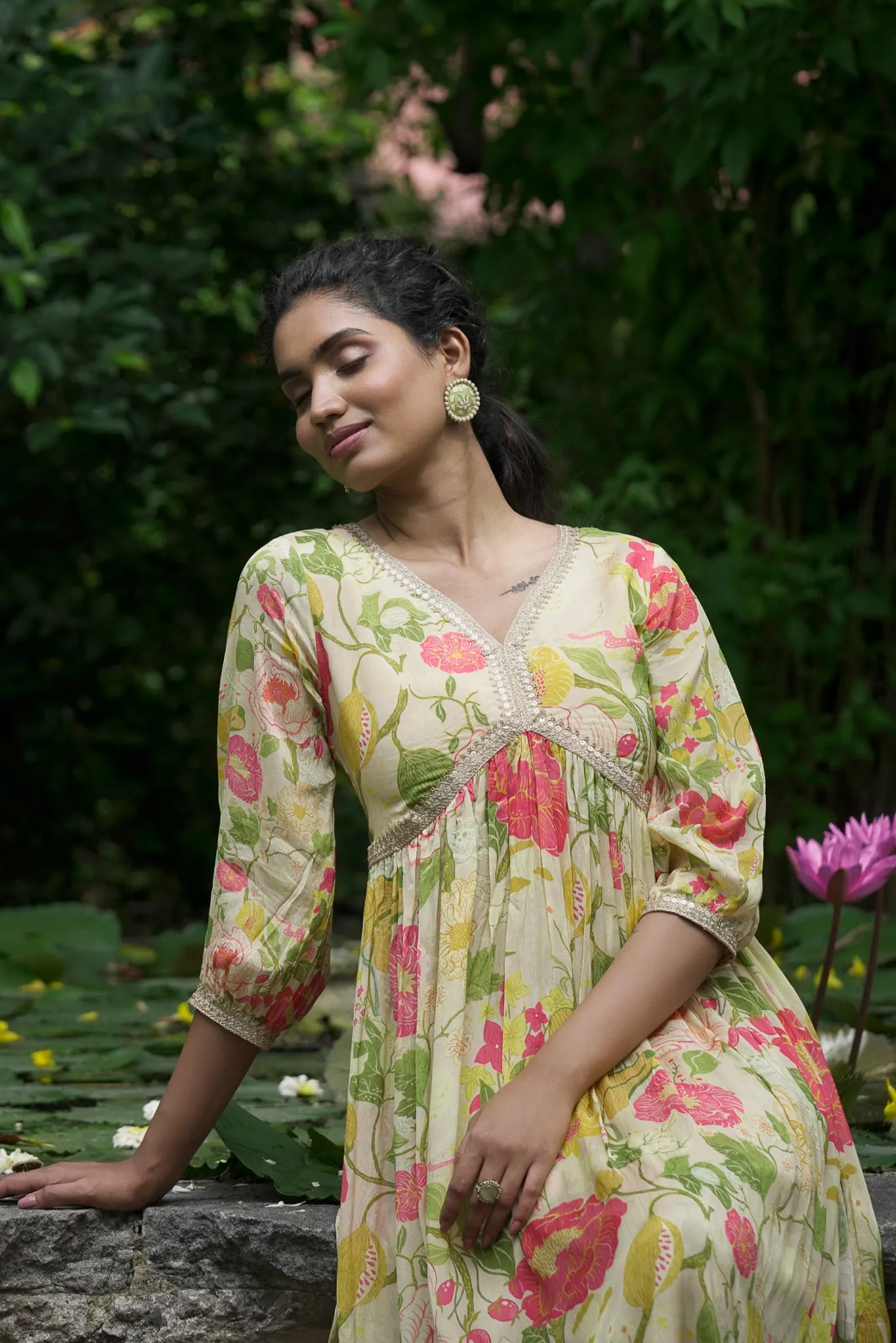 Beige Printed Chinon Chiffon Kurta Set