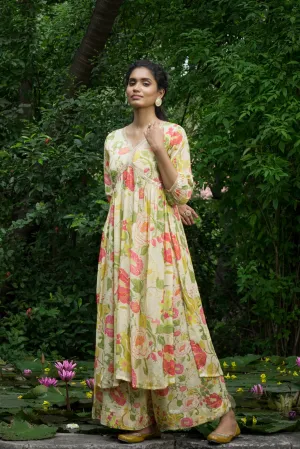 Beige Printed Chinon Chiffon Kurta Set