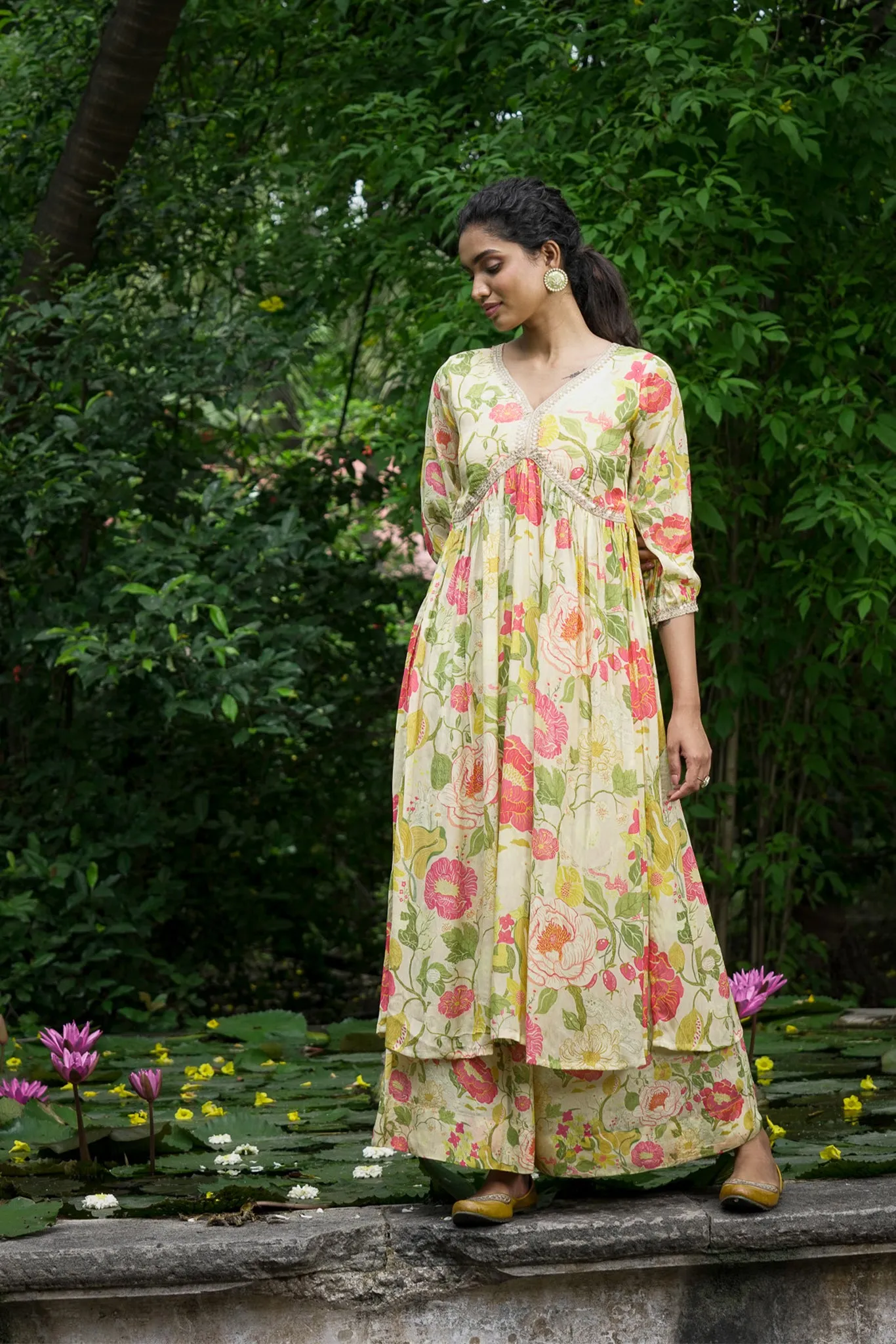 Beige Printed Chinon Chiffon Kurta Set
