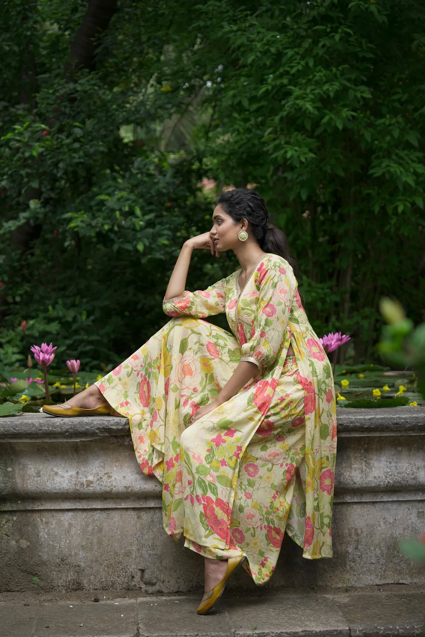 Beige Printed Chinon Chiffon Kurta Set