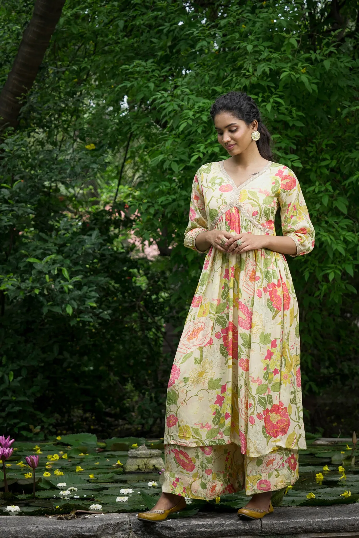 Beige Printed Chinon Chiffon Kurta Set