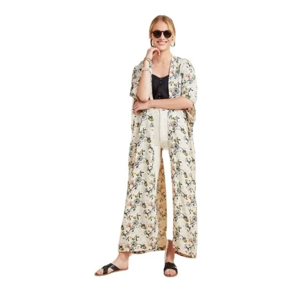 Bel Kazan Sadie Duster Ivory Floral Boho Longline Flower Women's O/S Kimono