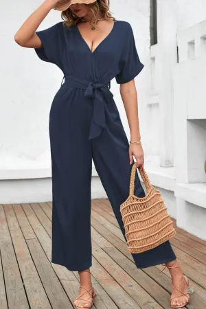 Belted Short Sleeve Navy Wide Leg Jumpsuit
