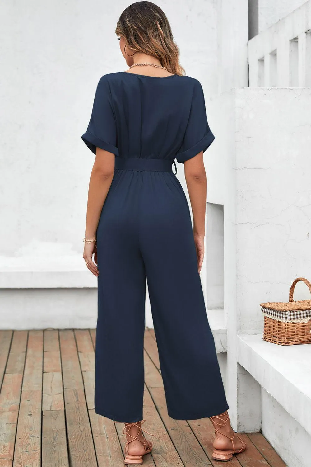 Belted Short Sleeve Navy Wide Leg Jumpsuit