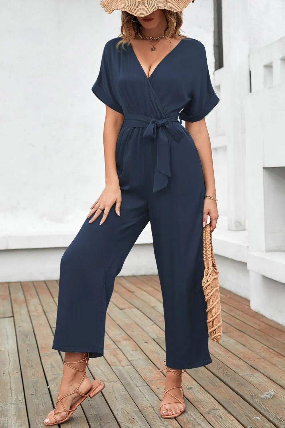 Belted Short Sleeve Navy Wide Leg Jumpsuit