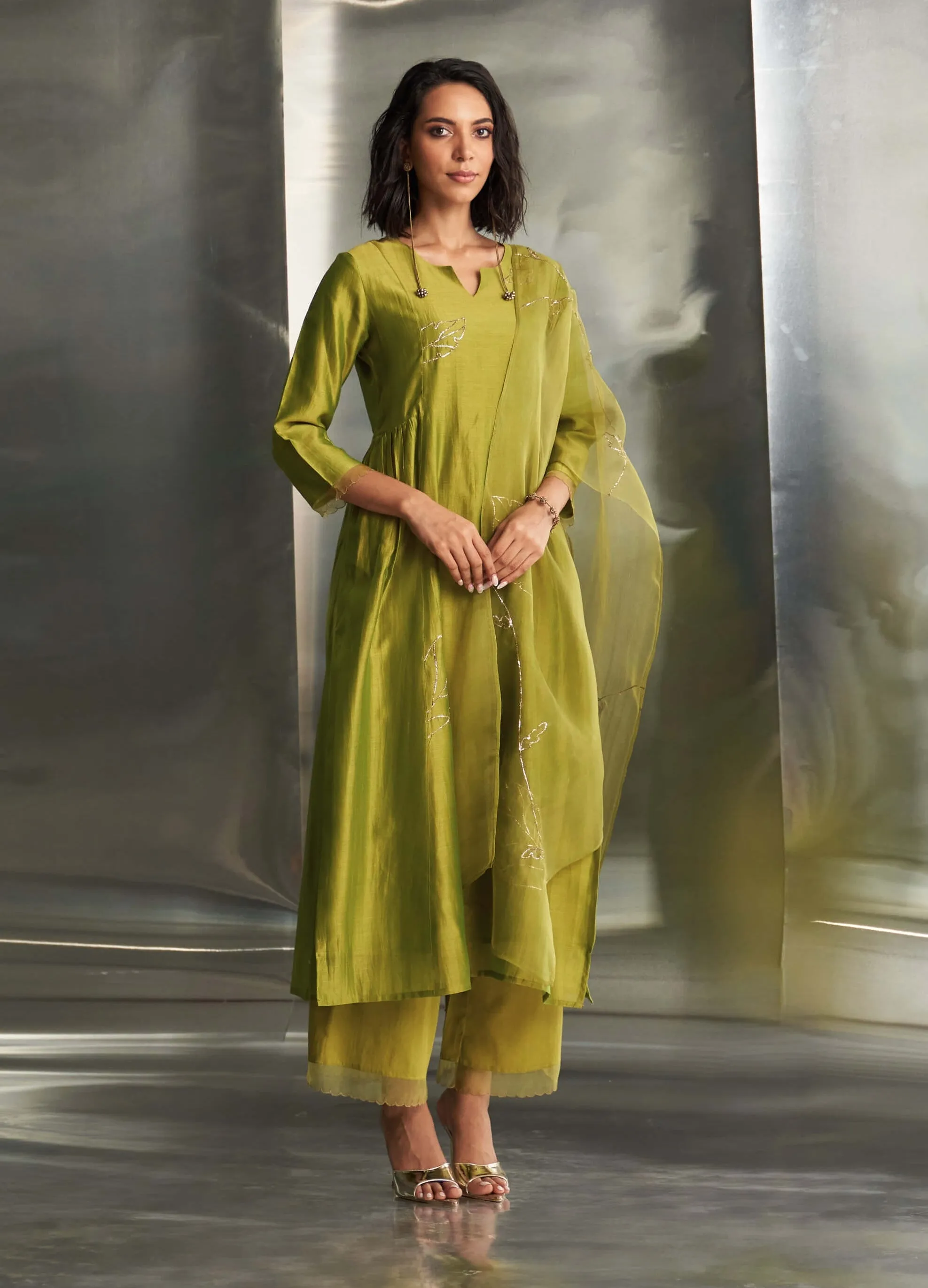 Berry green chanderi kurta set