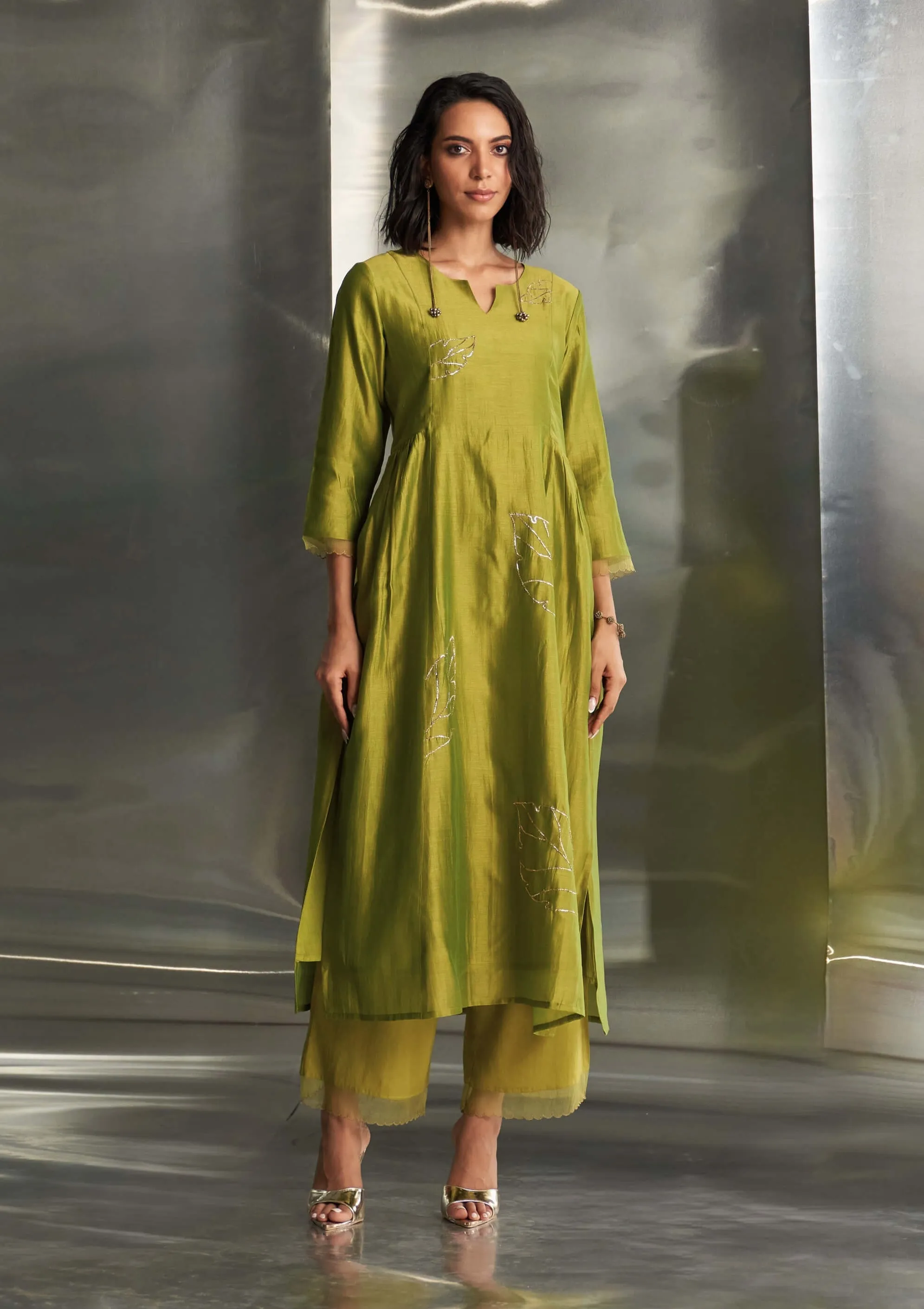 Berry green chanderi kurta set