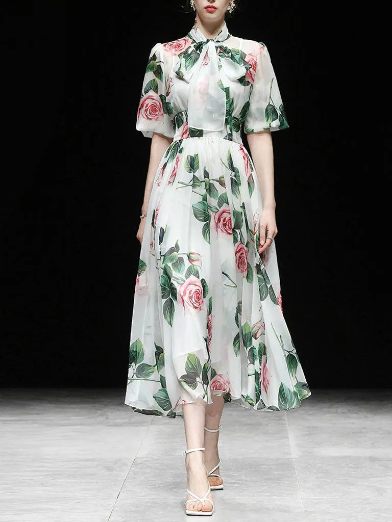 Big Bowknot Tropical Rose Print Maxi Dress